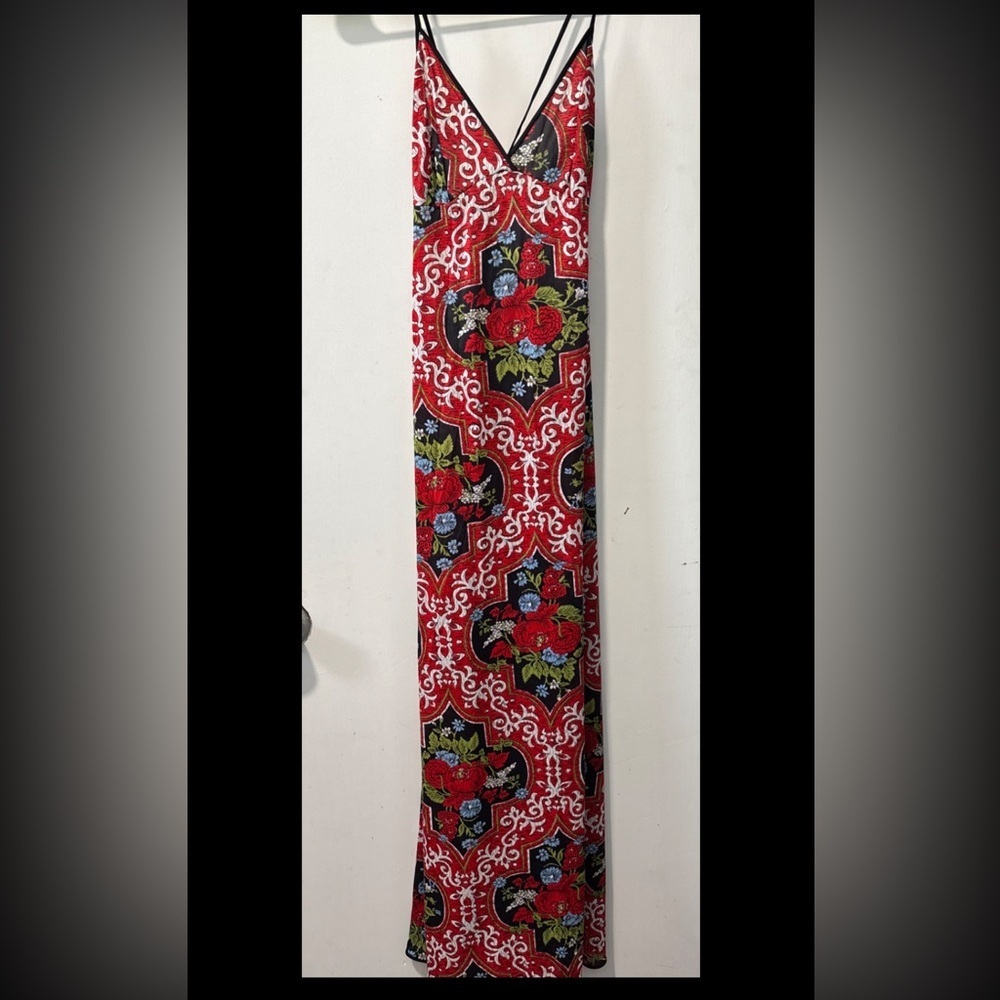 Vintage Vassarette Long Nightgown Maxi Slip Dress Red Floral Tie Open Back Sz 34